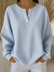Casual Striped Notch V-Neck Long Sleeve T-shirt