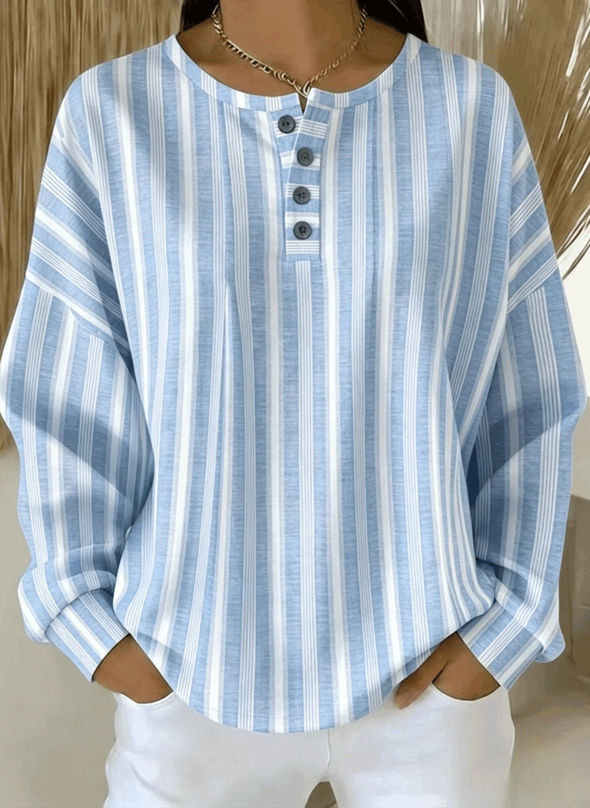 Casual Henley Collar Striped Long Sleeve Sweatshirt