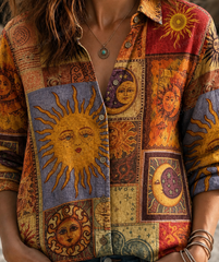 Vintage Sun Moon Ethnic Patchwork Print Long Sleeve Button Down Shirt