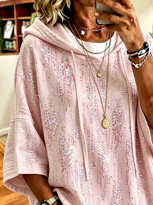 Pink Abstract Print Half Sleeve Loose Hoodie