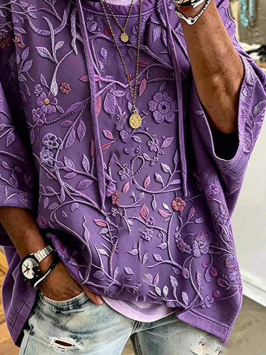 Purple Floral Print Half Sleeve Loose Hoodie