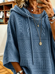 Blue Jacquard Cable Knit Half Sleeve Oversized Drawstring Hooded Top
