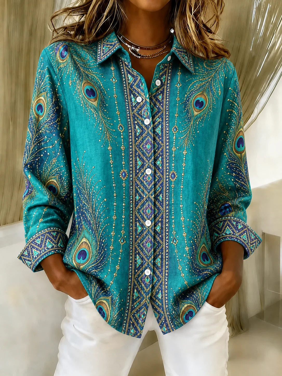 Women Geometric Casual Shirt Shirt Collar Long Sleeve Printing Top
