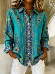 Women Geometric Casual Shirt Shirt Collar Long Sleeve Printing Top