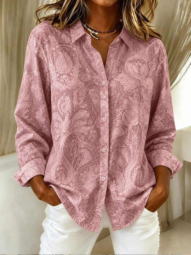 Women Paisley Vintage Shirt Shawl Collar Long Sleeve Top