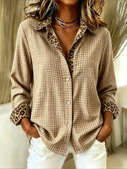 Women Leopard Casual Shirt Shirt Collar Long Sleeve Buckle Top