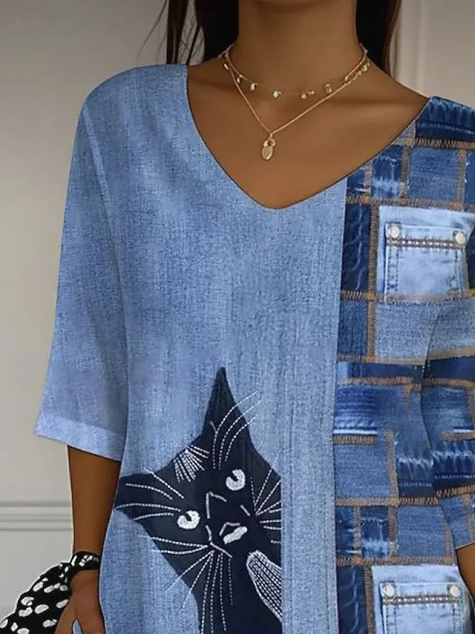 Women's Three Quarter Sleeve T-shirt Spring/Fall Blue Cat Printing V Neck Daily Going Out Casual Top