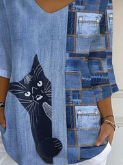 Women's Three Quarter Sleeve T-shirt Spring/Fall Blue Cat Printing V Neck Daily Going Out Casual Top