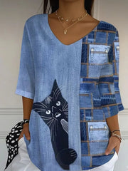Women's Three Quarter Sleeve T-shirt Spring/Fall Blue Cat Printing V Neck Daily Going Out Casual Top