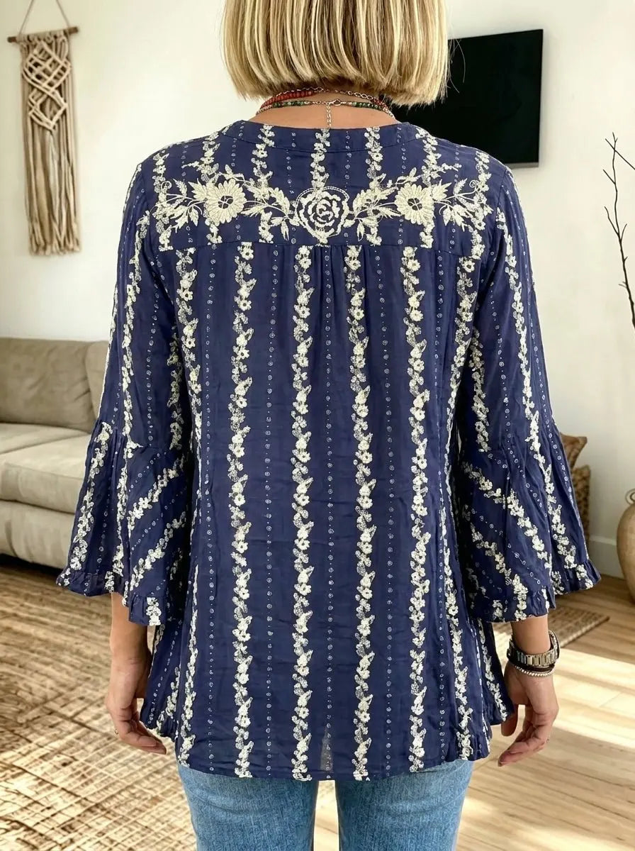 Women Casual Boho Floral Print V?Neck Ruffle Bell 3/4 Sleeve Blouse