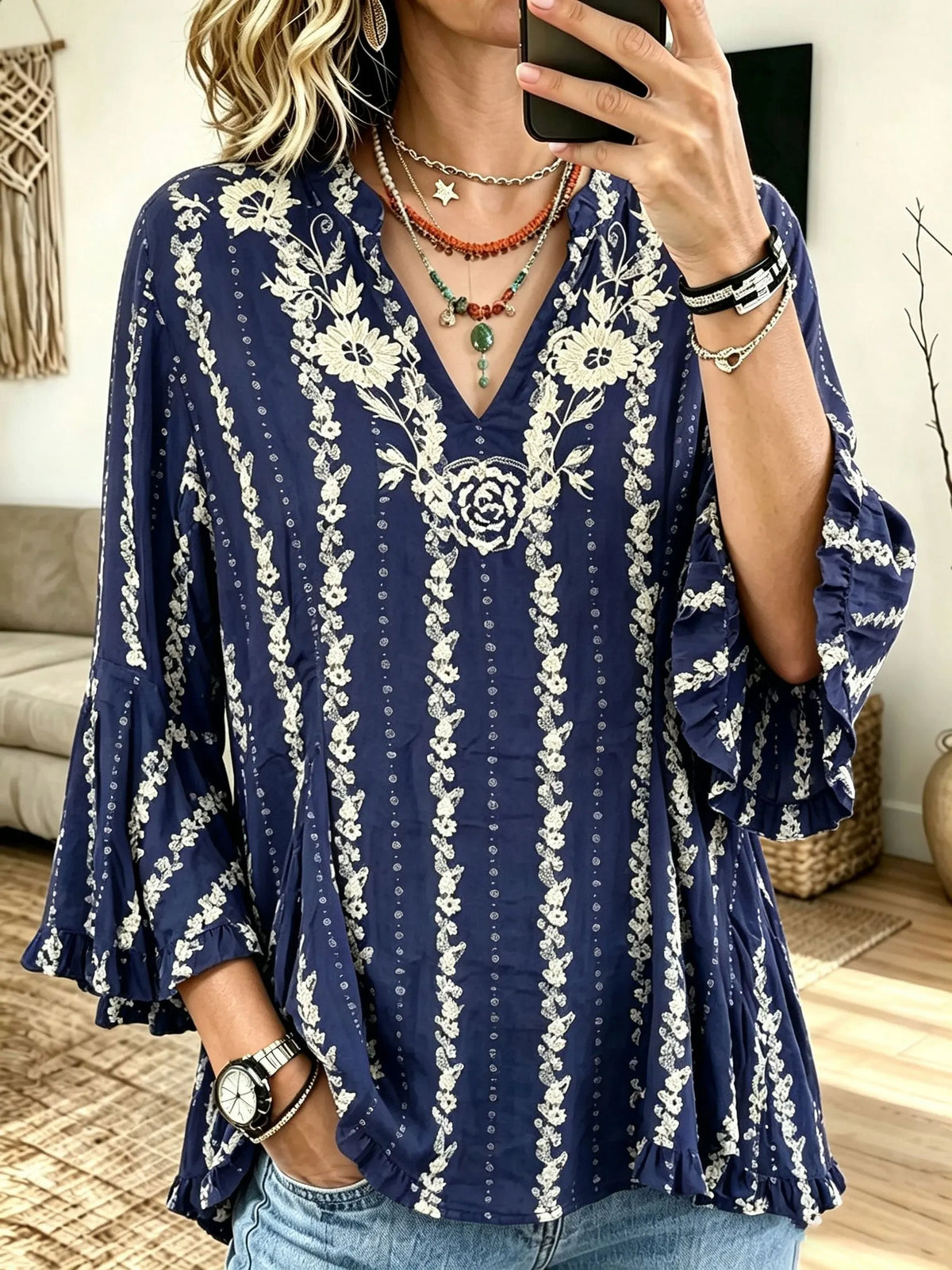 Women Casual Boho Floral Print V?Neck Ruffle Bell 3/4 Sleeve Blouse