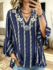 Women Casual Boho Floral Print V?Neck Ruffle Bell 3/4 Sleeve Blouse