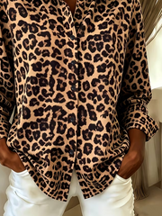 Women Leopard Casual Shirt Shirt Collar Long Sleeve Buckle Top