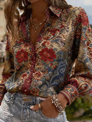 Women Floral Casual Shirt Shirt Collar Long Sleeve Buckle Top