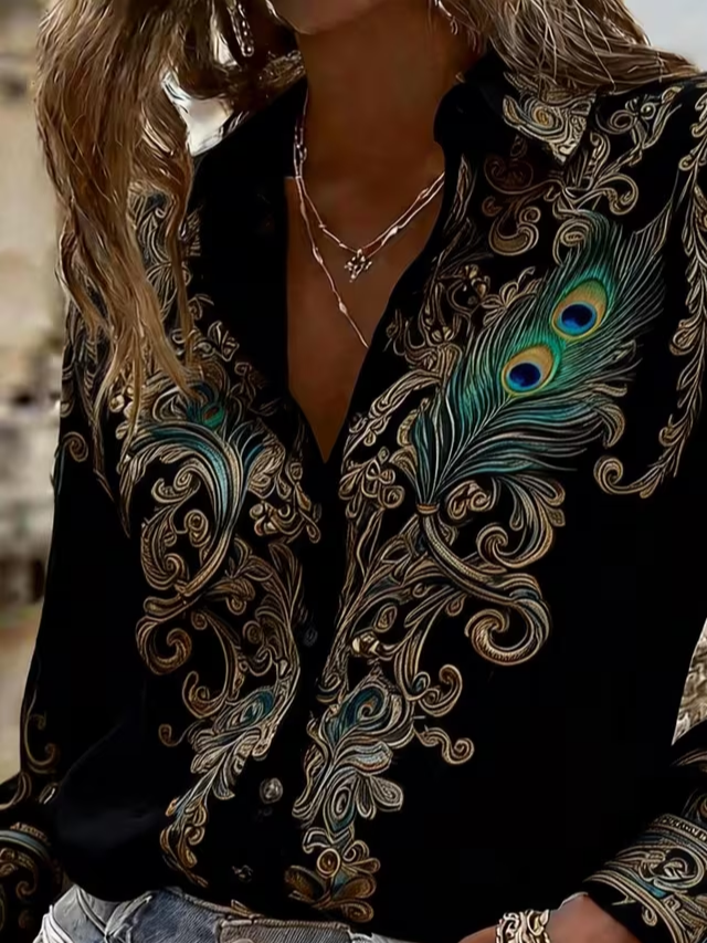 Women Abstract Casual Shirt Shirt Collar Long Sleeve Buckle Top