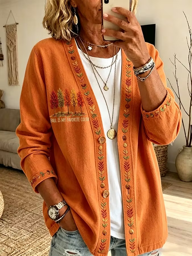 Women Spring/Fall Outerwear Casual Printing Maple Leaf Long Sleeve Jacket