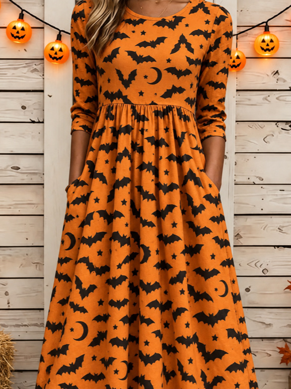 Women Halloween Summer Dress Crew Neck Half Sleeve T-Shirt Dress A-Line Dress