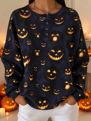 Casual Pumpkin Pattern Henley Collar Long Sleeve Sweatshirt