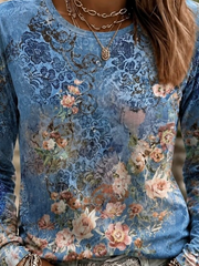 Vintage Casual Floral Crew Neck Long Sleeve T-shirt