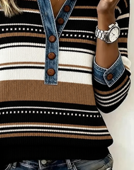 Women Striped Casual Shirt Shawl Collar Long Sleeve Button Top