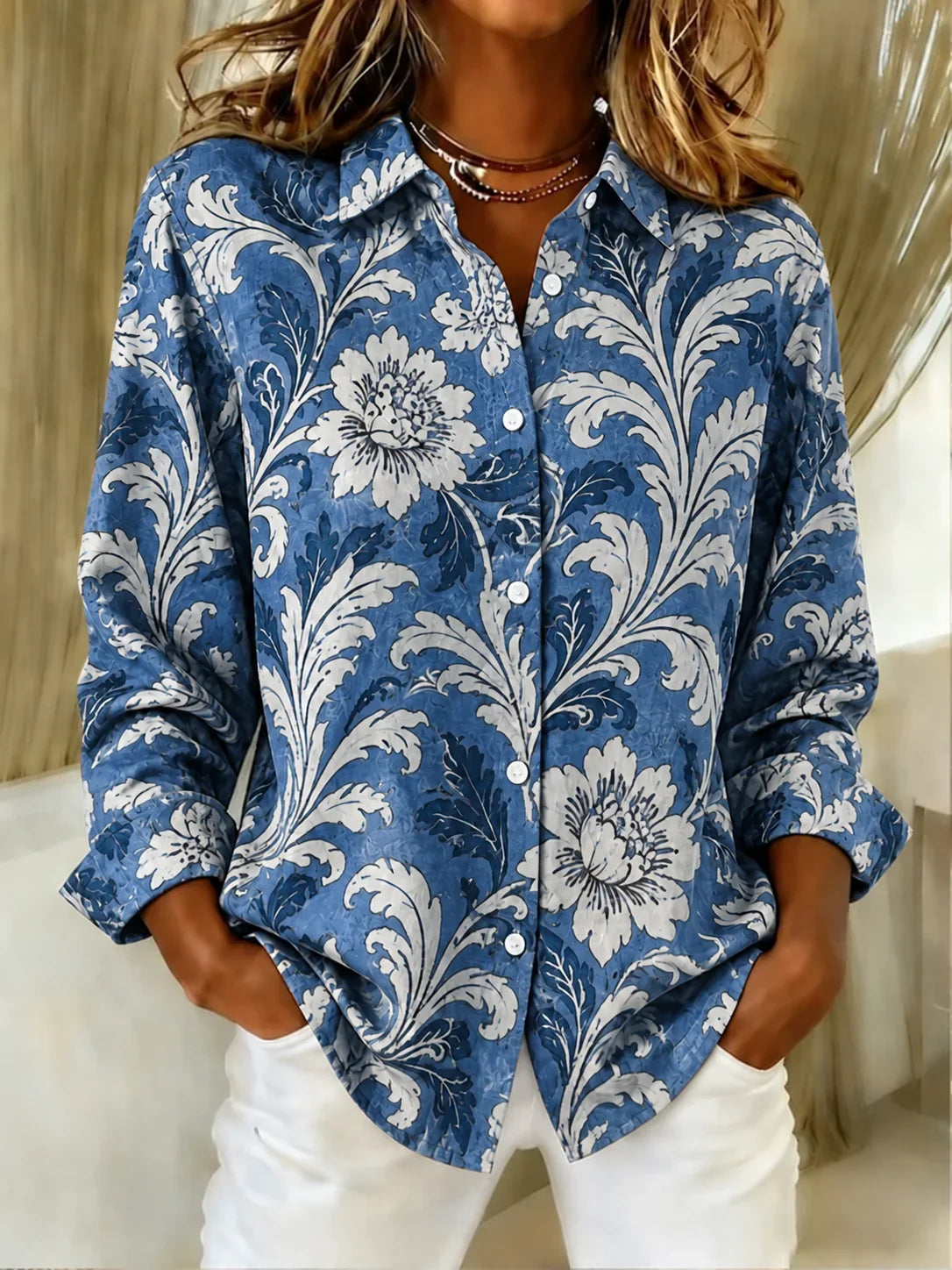 Women Floral Pattern Vintage Shirt Shirt Collar Long Sleeve Top