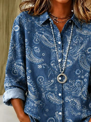 Women Paisley Casual Shirt Shirt Collar Long Sleeve Buckle Top