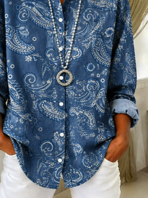 Women Paisley Casual Shirt Shirt Collar Long Sleeve Buckle Top