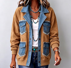 Women Vintage Chic Suede Patchwork Denim Jacket