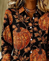 Women Pumpkin Pattern Vintage Shirt Shirt Collar Long Sleeve Top