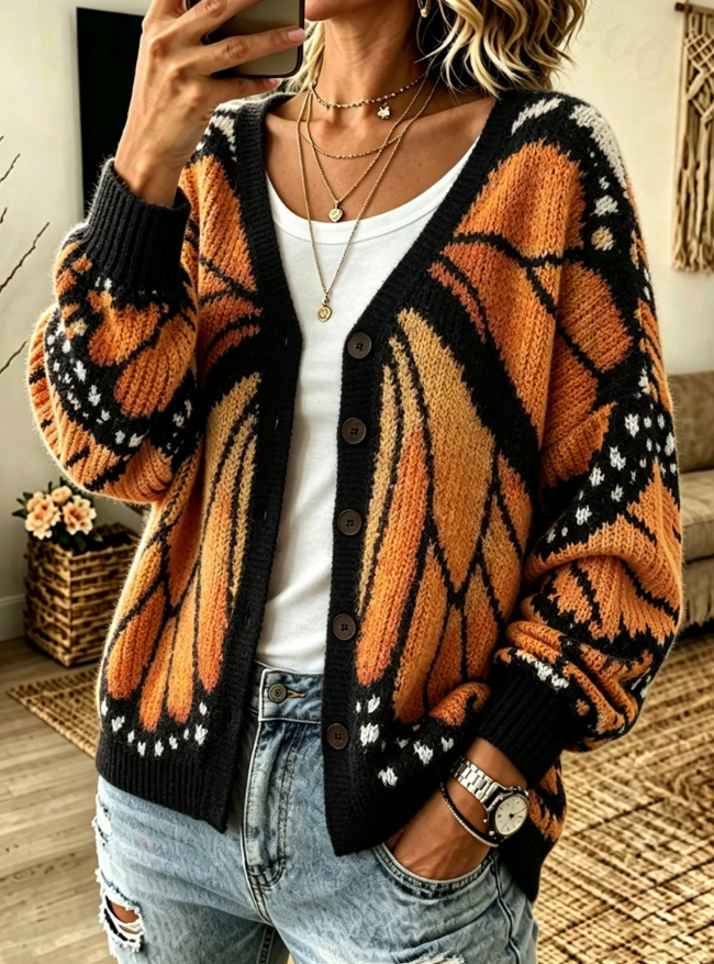Women's Fall Casual Monarch Butterfly Inspired Print Cozy Cardigan
