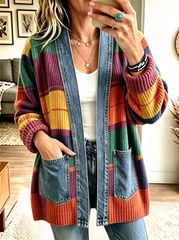 Women's Casual Vintage Print Pocket Denim Patchwork Jacket