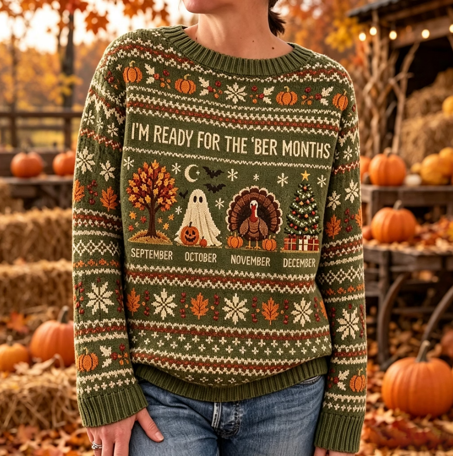 Women's I'm Ready For The ber Months Print Crew Neck Knit Sweater