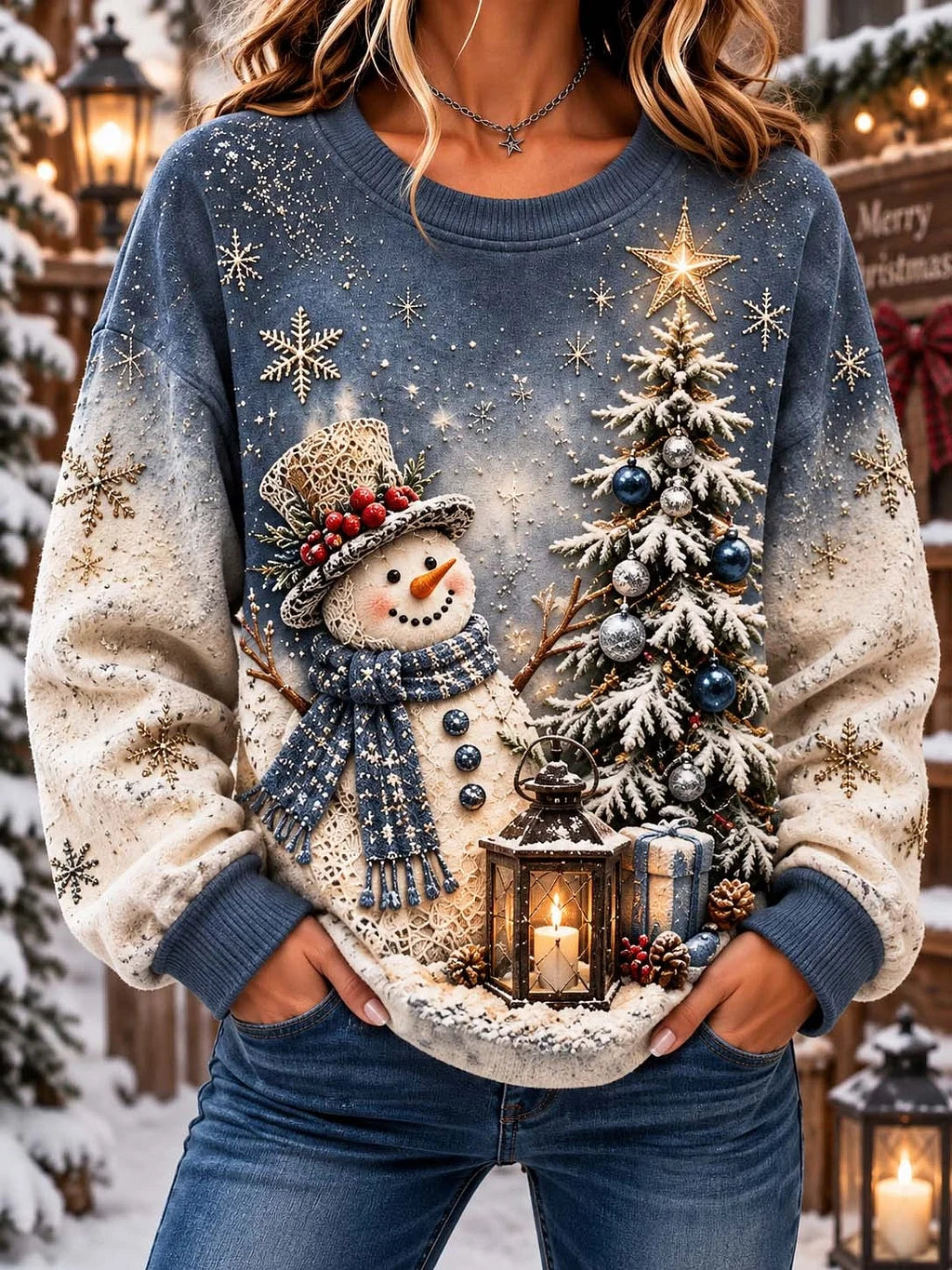 Casual Christmas Snowman Crew Neck Long Sleeve Sweatshirt