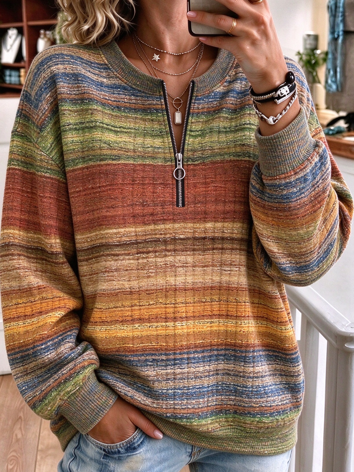 Vintage Abstract Stripes Crew Neck Long Sleeve Sweatshirt