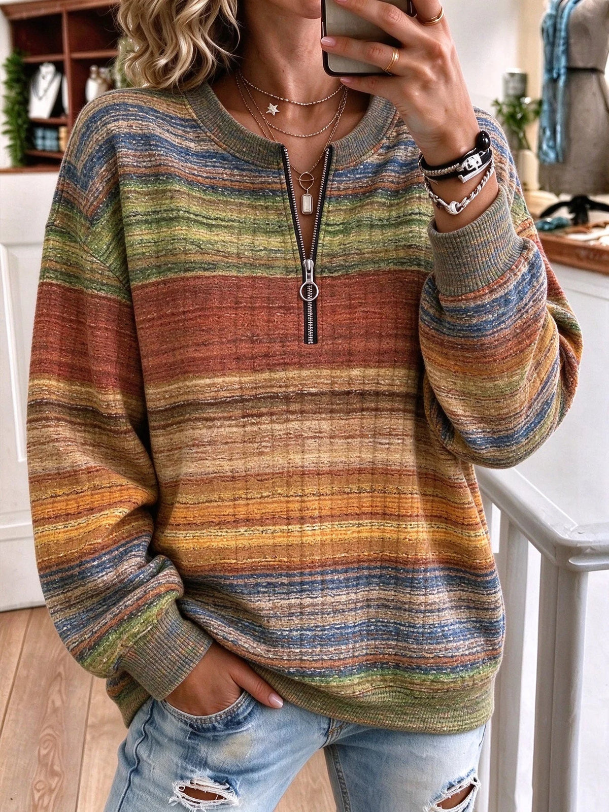 Vintage Abstract Stripes Crew Neck Long Sleeve Sweatshirt