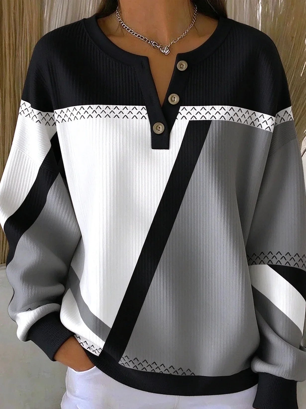 Casual Abstract Graphic Henley Collar Long Sleeve Sweatshirt