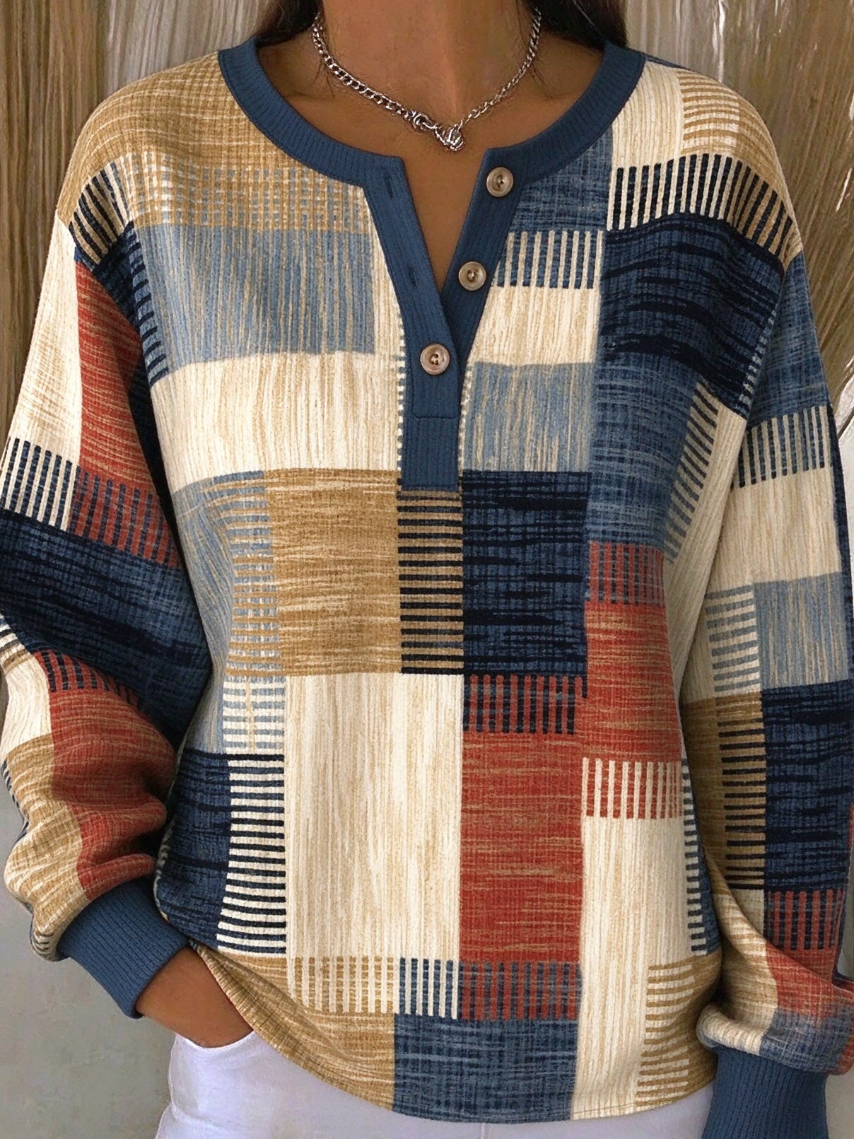 Casual Abstract Graphic Henley Collar Long Sleeve Sweatshirt