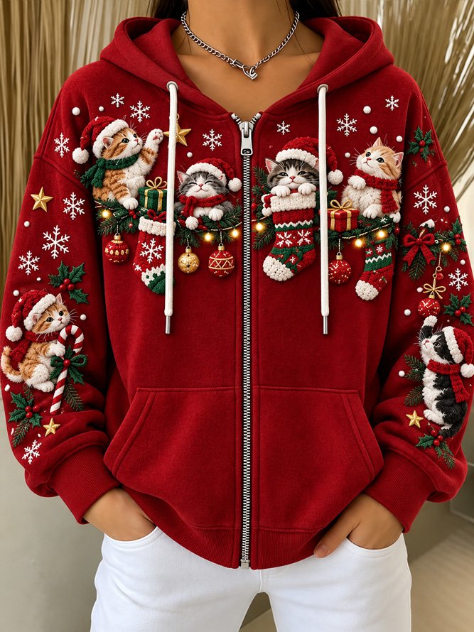 Women Spring/Fall Outerwear Casual Cat Long Sleeve Hoodie Jacket