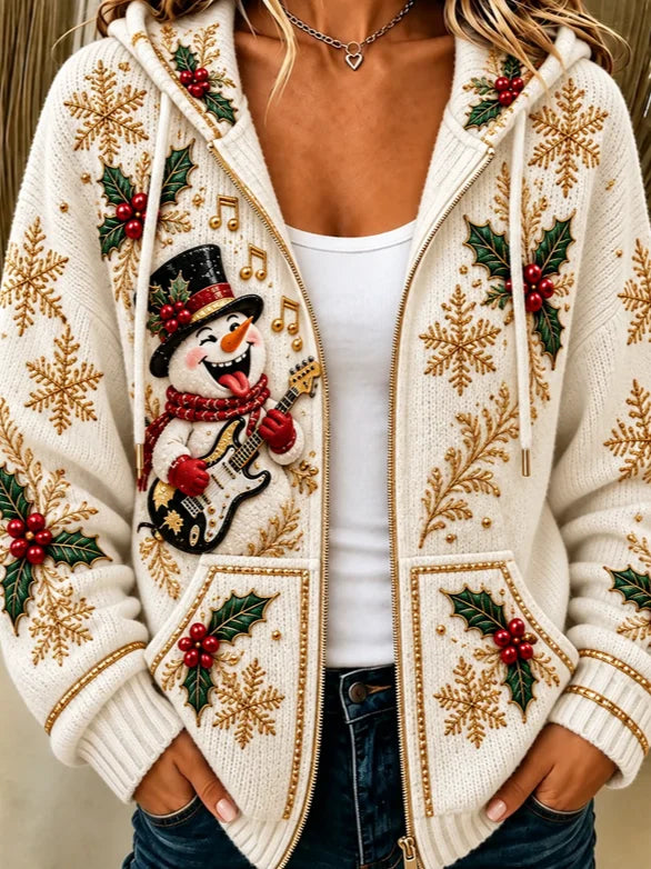 Women Spring/Fall Outerwear Casual Christmas Snowman Long Sleeve Hoodie Jacket
