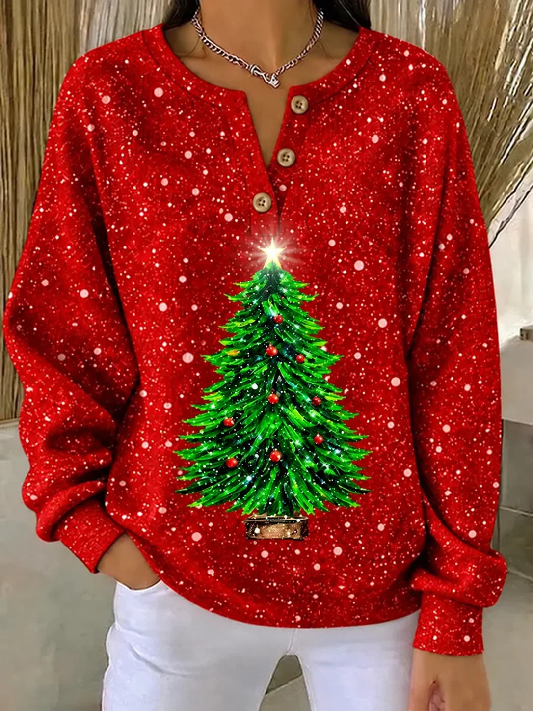 Casual Christmas Henley Collar Long Sleeve Sweatshirt