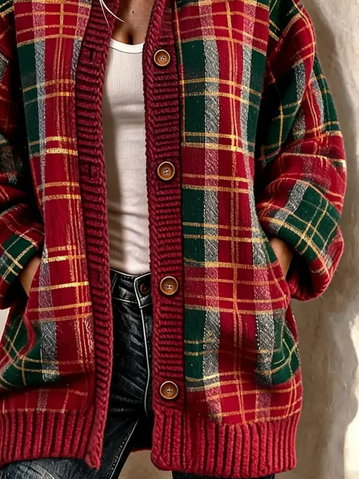 Women Plaid Long Sleeve Comfy Vintage Printing Cardigan