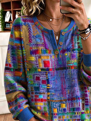 Vintage Abstract Henley Collar Long Sleeve Sweatshirt