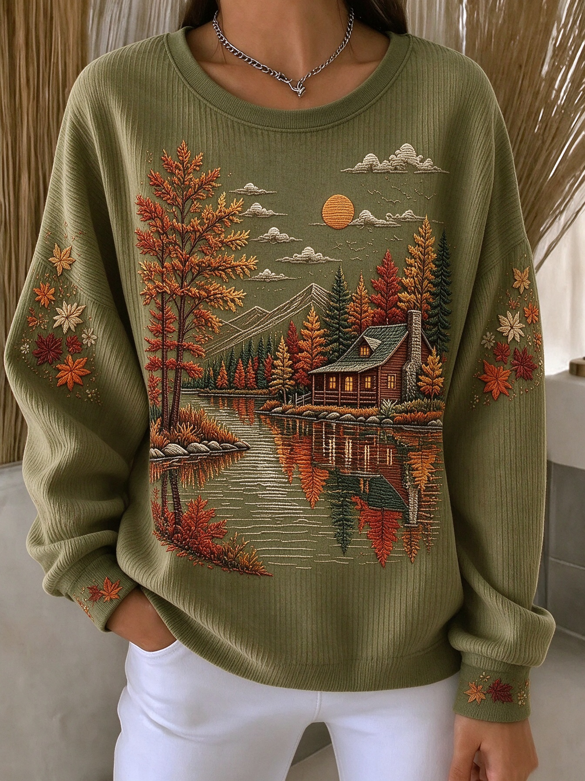 Casual Maple Leaf Crew Neck Long Sleeve Sweatshirt