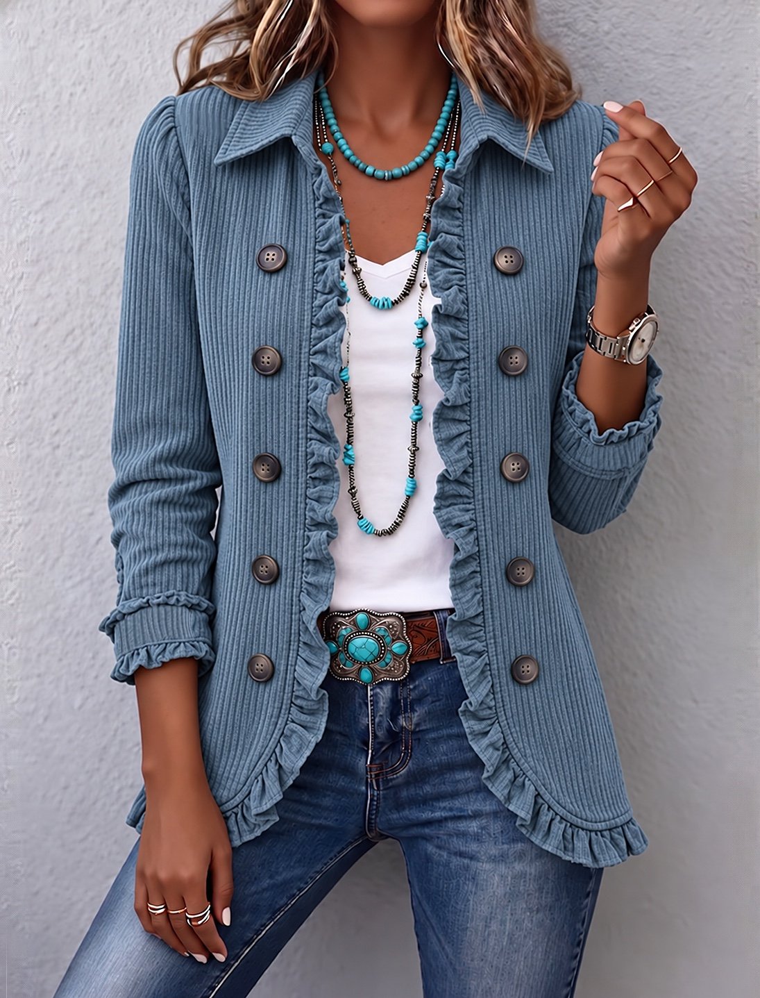 Women Spring/Fall Outerwear Vintage Peplum Plain Long Sleeve Shawl Collar Jacket