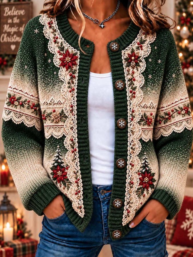 Women Red Poinsettia And Lace Trim Ombre Knit Cardigan