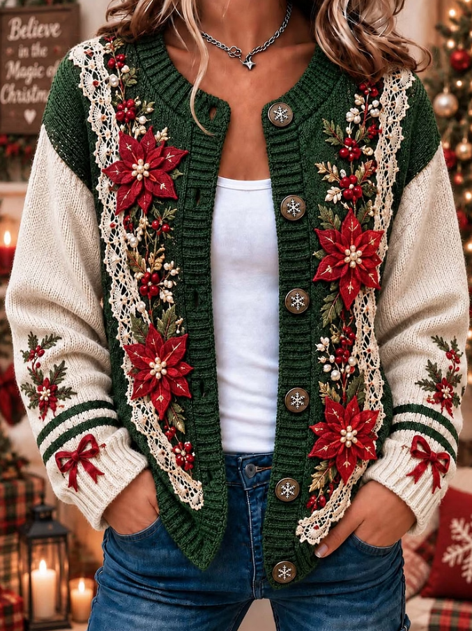 Women Color Block Red Bows And Poinsettia Lace Knit Cardigan