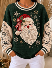 Women Santa Claus Dark Green Waffle Knit Lace Long Sleeves Sweatshirt