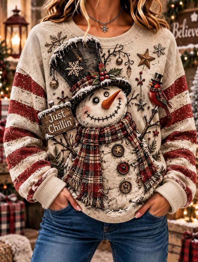 Women Cute Snowman And Top Hat Beige Sweatshirt