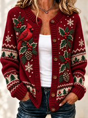 Women Christmas Animal Retro Art Print Knitted Casual Cardigan