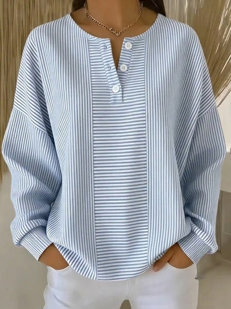 Casual Striped V Neck Long Sleeve T-shirt